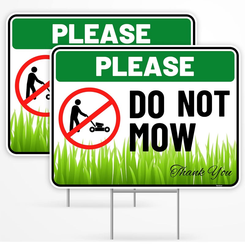 Venicor 2PC Do Not Mow Sign with Stake, 12 Inches by 9 Inches - Corrugated Plastic - No Mow May Yard Sign for Lawn - Image 1